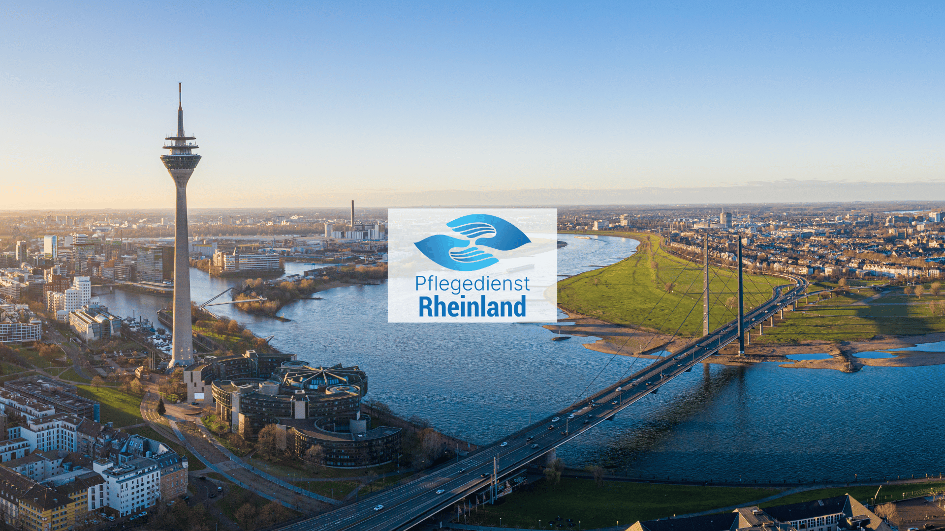 Logo des Pflegedienstes Rheinland vor der Skyline von Düsseldorf, repräsentativ für Pflegedienst in Düsseldorf